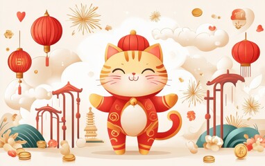Obraz premium Celebrating Chinese New Year with Festive Cat and Lanterns