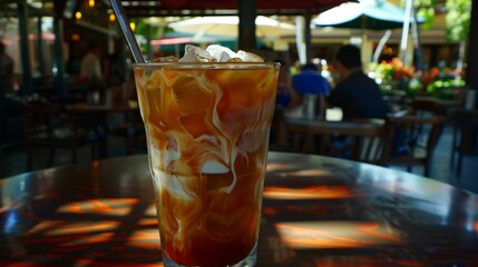 Thai iced tea swirls of creamy condensed milk served over crushed ice