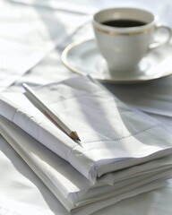 Naklejka premium A serene workspace featuring a cup of coffee beside neatly stacked white papers and a pencil