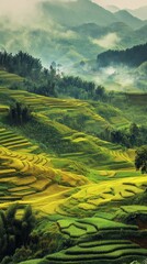 Lush green terraced fields on rolling hills and mountains