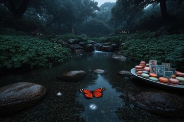 Fototapeta premium Misty forest stream with butterfly and macarons