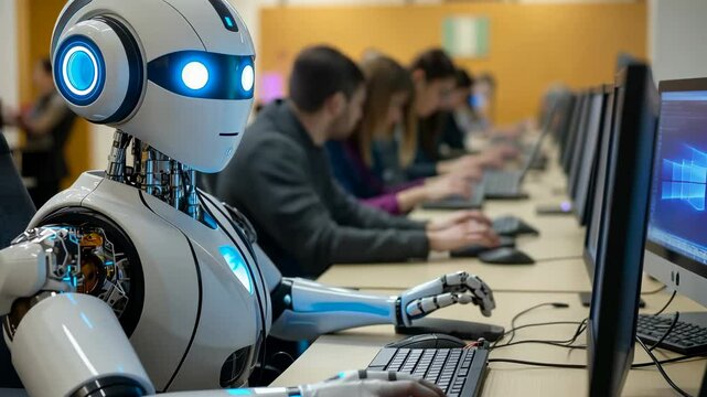 A humanoid robot sits among people, working at computer, highlighting themes of AI integration in modern workplaces. The scene symbolizes evolving roles of humans , machines in professional settings.