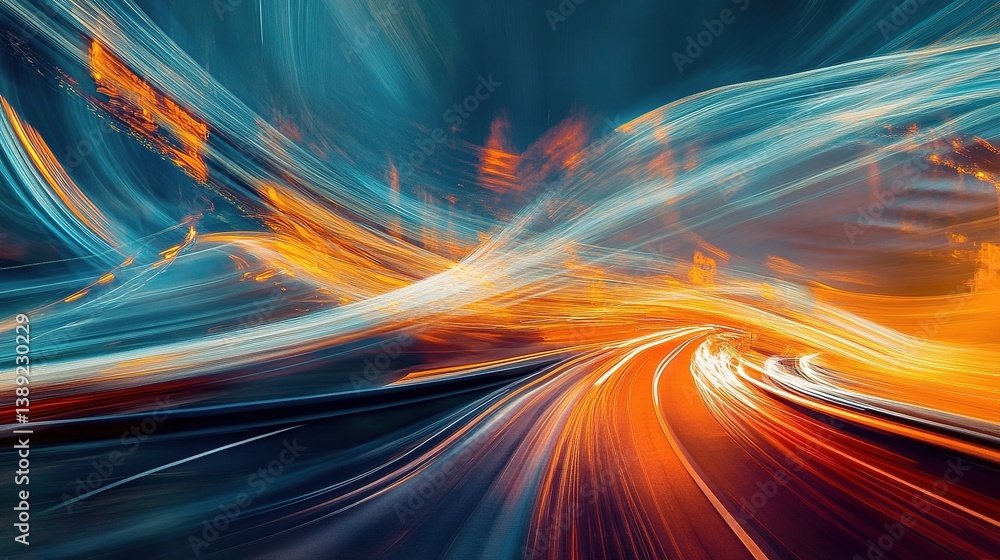 Poster dynamic light trails on motorway at dusk with double exposure effect
