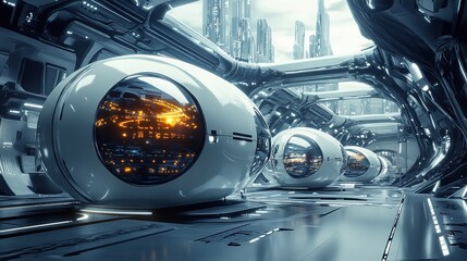 Futuristic pods reflecting a city skyline in a metallic tunnel with a cityscape background
