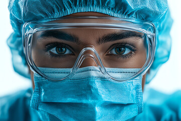 Close-up of a healthcare professional wearing protective gear, showcasing determination and commitment to patient care.