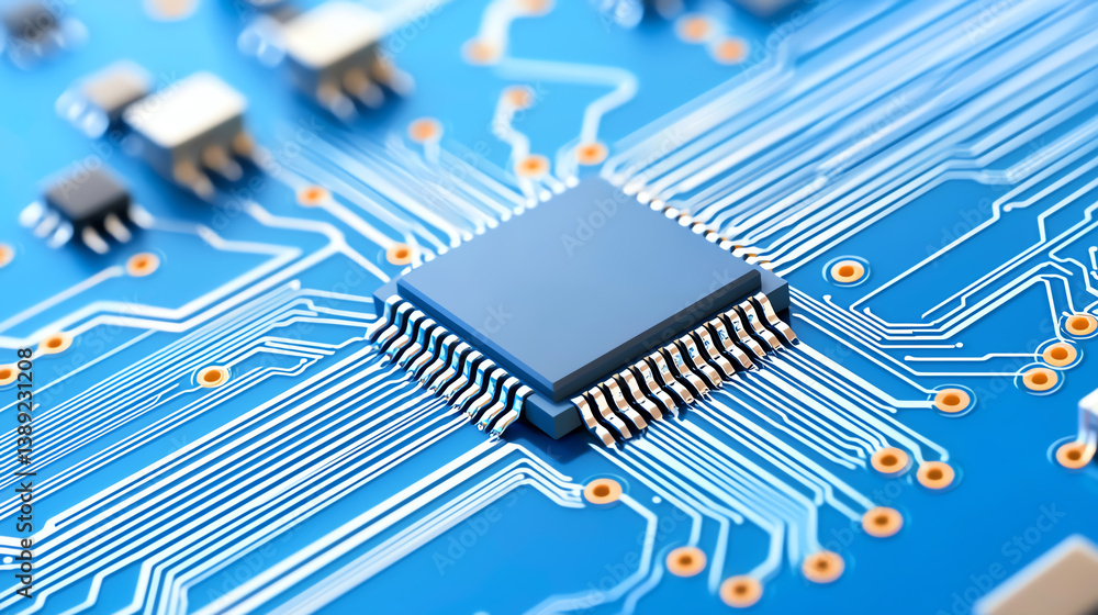 Poster close-up of a microchip on a blue circuit board, showcasing intricate details and modern technology.