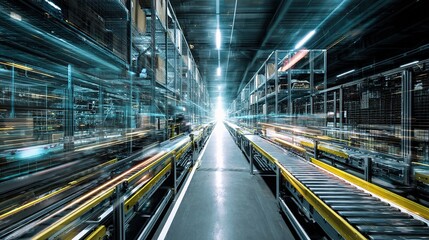 Fototapeta premium Dynamic Double Exposure of Logistics Center Interior with Conveyors