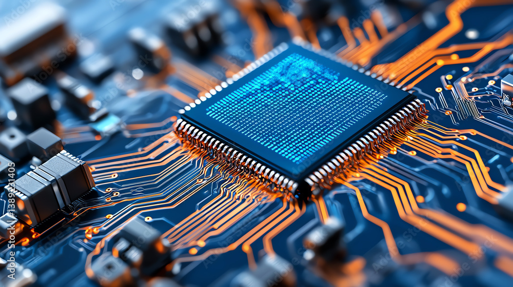 Poster close-up of a microprocessor on a circuit board, showcasing intricate connections and vibrant colors