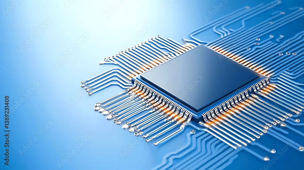 Poster Close-up of a modern computer chip on a blue circuit board showcasing intricate circuitry and advanced technology.