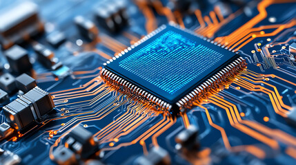 Close-up of a microprocessor on a circuit board, showcasing intricate connections and vibrant colors, representing modern technology.