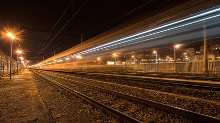 Fototapeta premium Speeding Train Creates Long Exposure Light Trail at Night