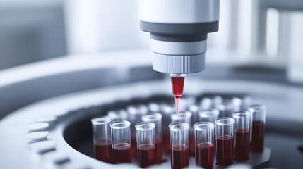 A robotic arm conducting a blood test in a medical lab, with AI-driven diagnostics and automated sample analysis, Medical technology style