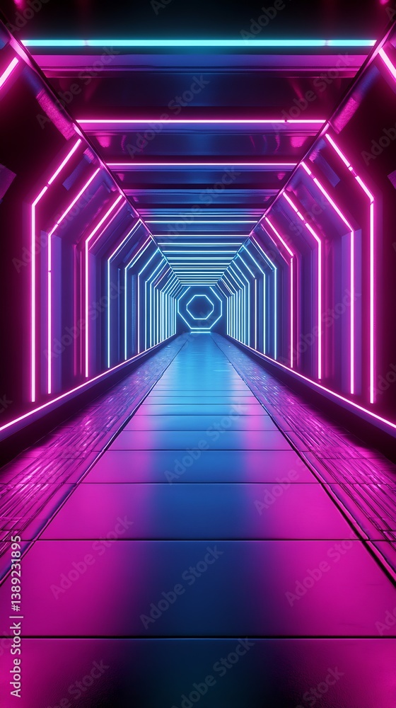Aufkleber futuristic neon corridor featuring bright lights and geometric shapes for sci-fi aesthetics : genera