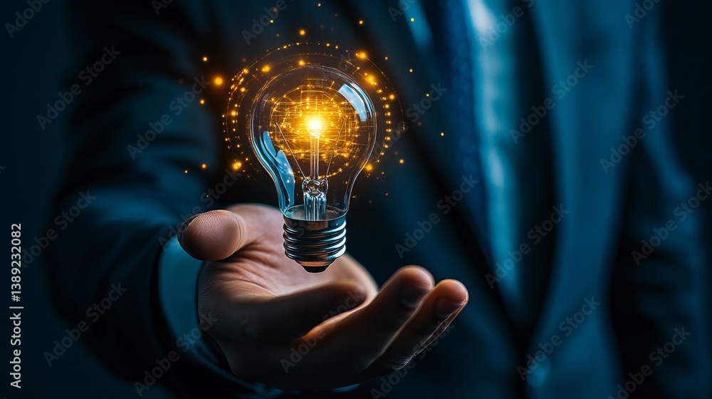 Poster illuminated lightbulb held in hand with digital network and suit jacket in the background