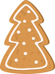 Gingerbread in the shape of a Christmas tree isolated on a transparent background. Delicious Christmas treat decorated with white icing