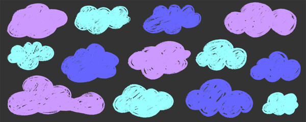 Crayon cloud texture with blue sky. Crayon kid scribble naive design. Blue and purple cloud with chalk texture. Vector illustration