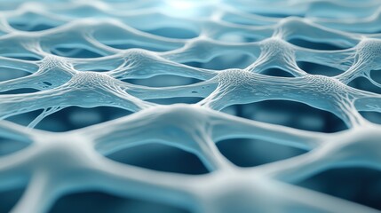 Close-up view of a futuristic cellular structure revealing intricate details in a blue tone, ideal for scientific backgrounds.