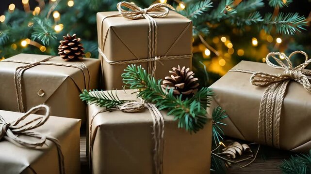 Close-up of wrapped Christmas presents with twine, pinecones, and greenery under a glowing Christmas tree

