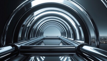 Futuristic Metallic Tunnel With Cityscape View Artificial Intelligence Generated Image