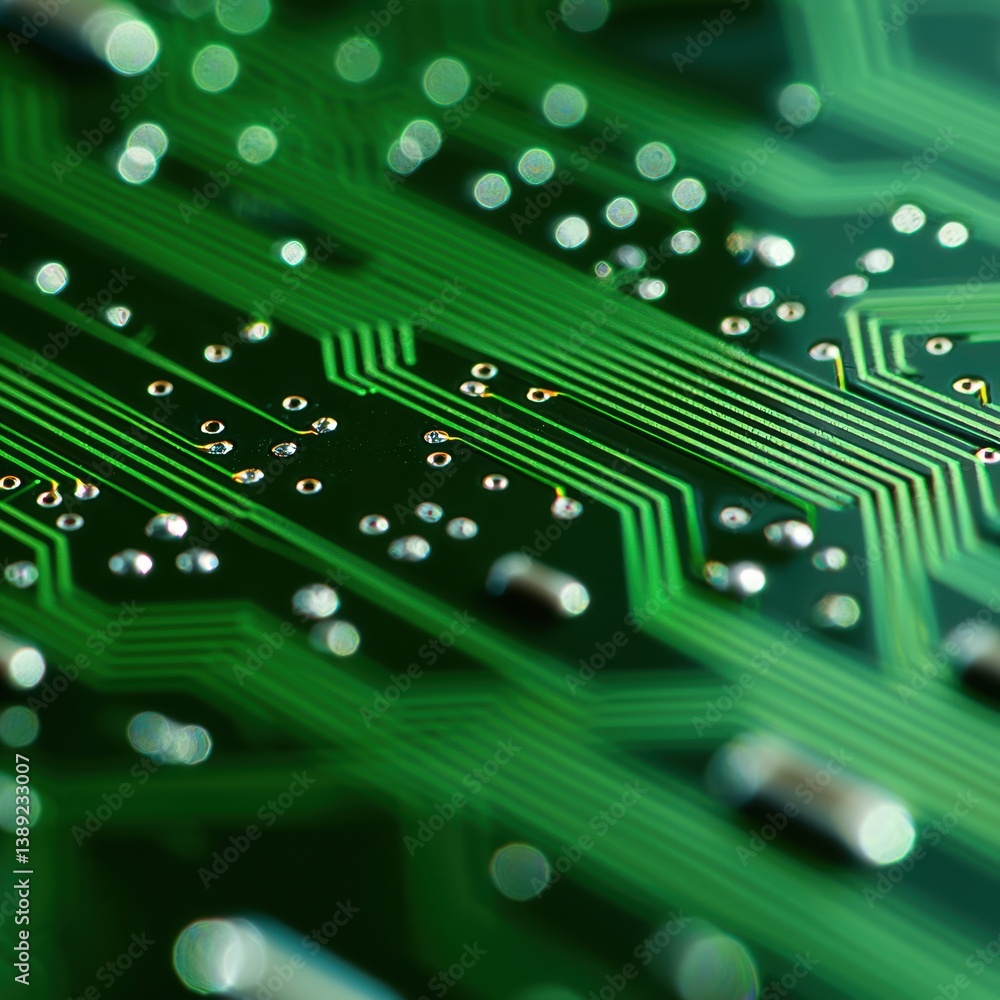Poster close-up view of intricate circuit board details showcasing a green design, interconnected pathways,