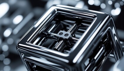 Abstract Metal Cube Structure Shiny Chrome Geometric Design Macro View