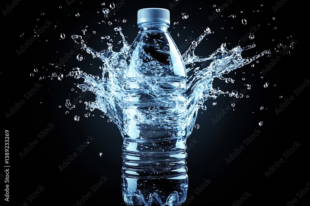 Aufkleber Vibrant splash of water exploding from a bottle set against a dark background : Generative AI