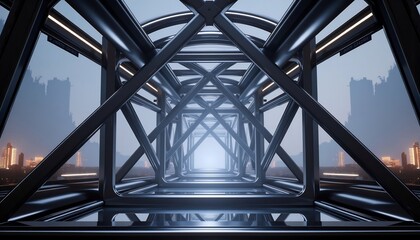 Abstract Metal Structure With City Skyline View Background Technology And Architecture