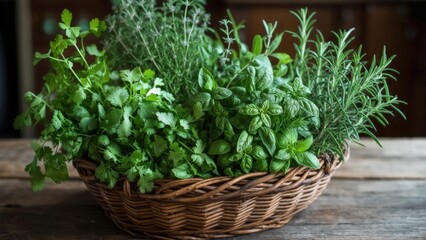 Fresh herbs collection in a rustic basket on a wooden kitchen table