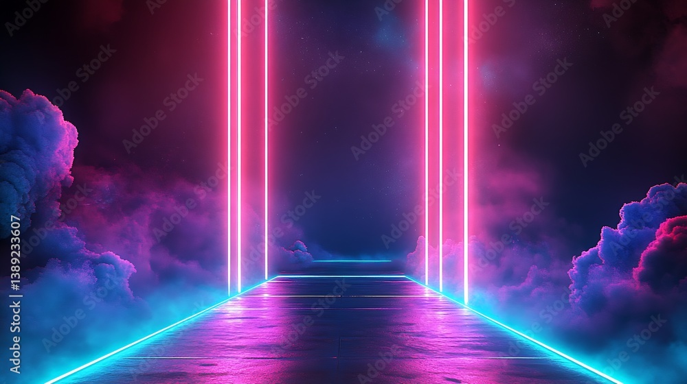 Poster Vibrant Neon Light Pathway with Colorful Clouds in a Futuristic Setting : Generative AI