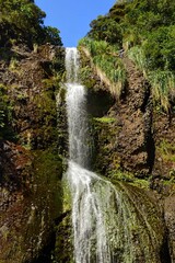 Obraz premium : the pretty three-tiered kitekite falls on a sunny summer day, near piha on the west coast of the north island of new zealand