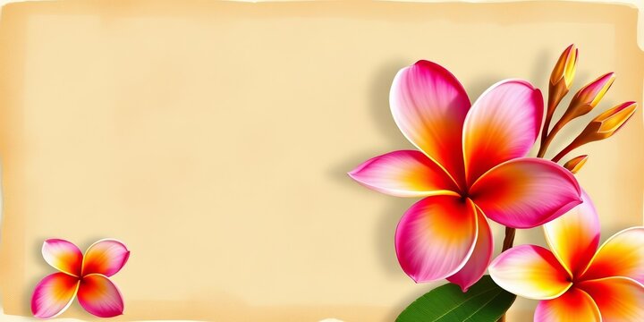 Square textured old paper background with delicate frangipani blooms; ample copy space, nature, overlay