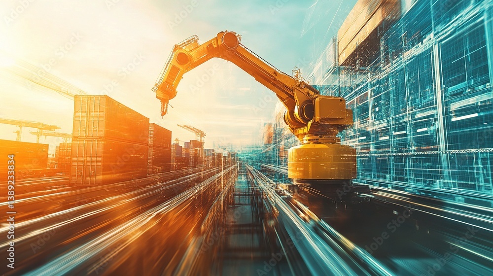Poster double exposure of a hyper-efficient robot in a modern factory setting