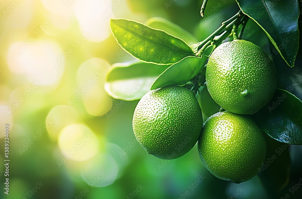 Poster Fresh green limes hanging on a tree branch in soft sunlight with vibrant green foliage in the background : Generative AI