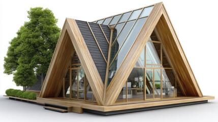 Fototapeta premium Modern wooden house with large glass windows and unique triangular roof design, surrounded by greenery, creating harmonious living space