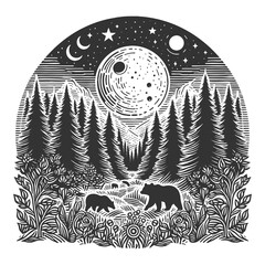 forest at night with bears, trees, stars, and a large moon above mountains sketch engraving generative ai raster illustration. Scratch board imitation. Black and white image.