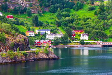 Fototapeta premium Norway village and fjord landscape in Flam