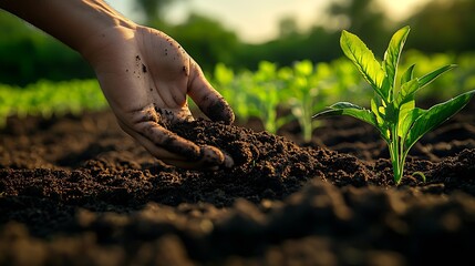 Gardener's hand working the dark earth around young green plants in a flourishing agricultural field : Generative AI