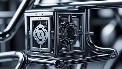Complex Mechanical Cube Structure With Chrome Finish And Industrial Design Elements