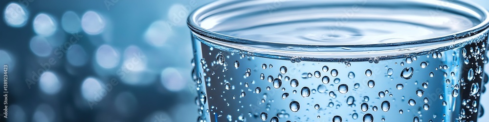 Poster close up view of a glass of sparkling water with air bubbles in a blue background : generative ai