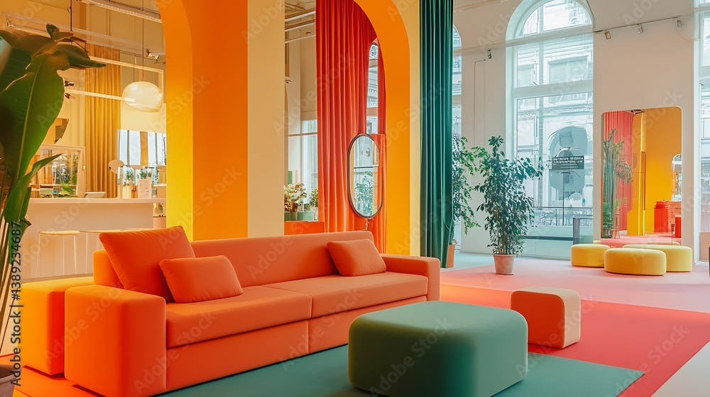 Poster modern colorful interior design featuring a vibrant orange sofa and greenery in stylish space : gene