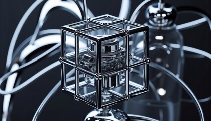 Abstract Chrome Sculpture Modern Art Design With Metallic Components Displayed In Studio