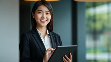Young woman in a professional dark suit, smiling while holding a tablet device inside a modern office building with large windows, demonstrating work-life balance and technological adaptation.