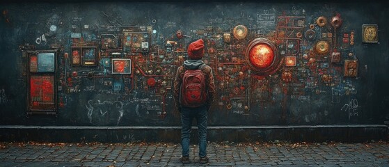 Intricate wall art with a lone observer