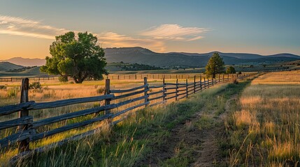 Picturesque sunrise over a fenced ranch with rolling hills and vibrant sky