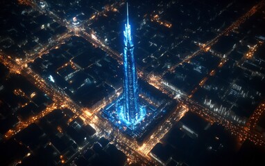 Aerial View of Illuminated Skyscraper at Night in a Modern City