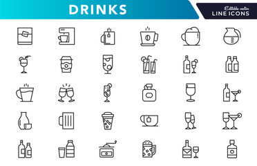 Drinks line icon set. Alcohol, cocktails, champagne, energy, coffee, tea, whiskey, wine, glasses, beer, bar outline icon collection. UI thin outline icon pack