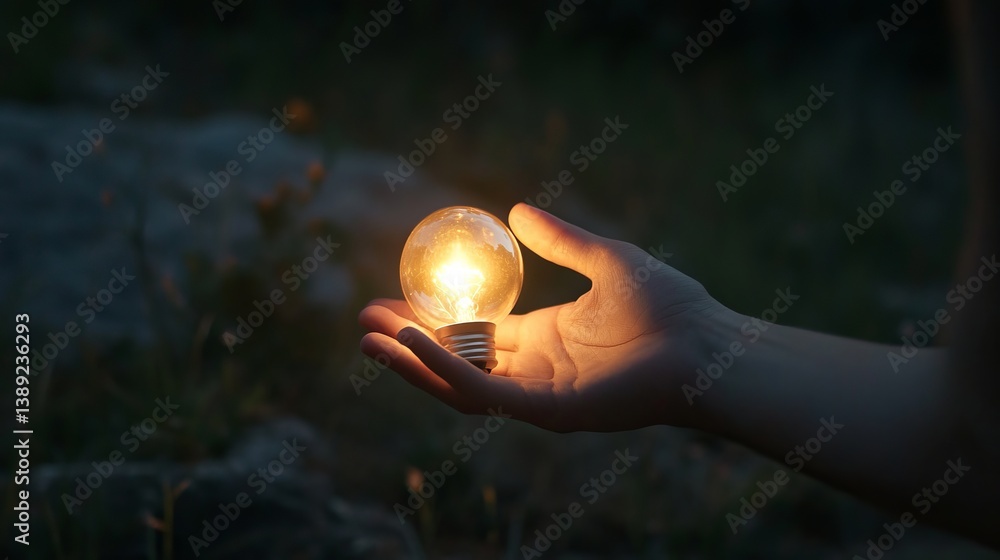 Poster hand holding a lit lightbulb in a dark setting showing concept of idea and innovation in the night t
