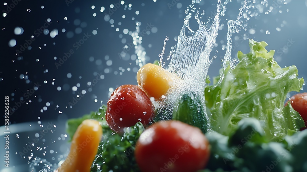 Poster dynamic splash of fresh vegetables showcasing tomatoes and greens in a vibrant display of nutrition 