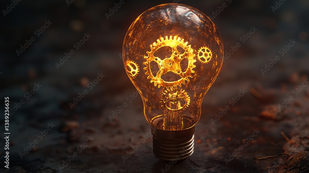 Poster a close up of a lightbulb filled with golden gears on a dark and textured surface design concept