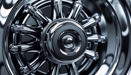Close Up Of Shiny Chrome Car Wheel With Spokes And Details